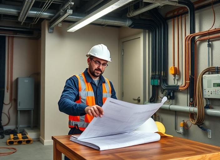 Electricians coordinating on a commercial job site