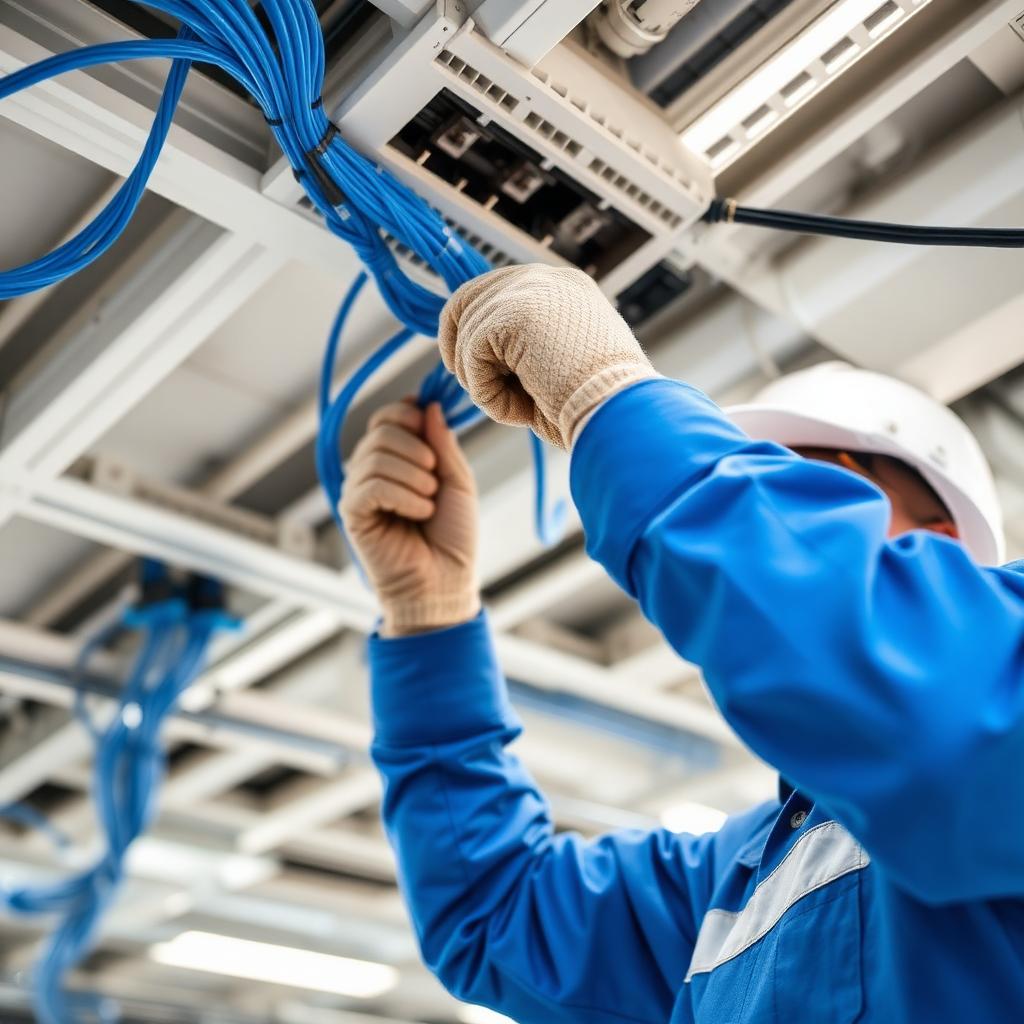 Technician installing Cat6 network cabling in a commercial building