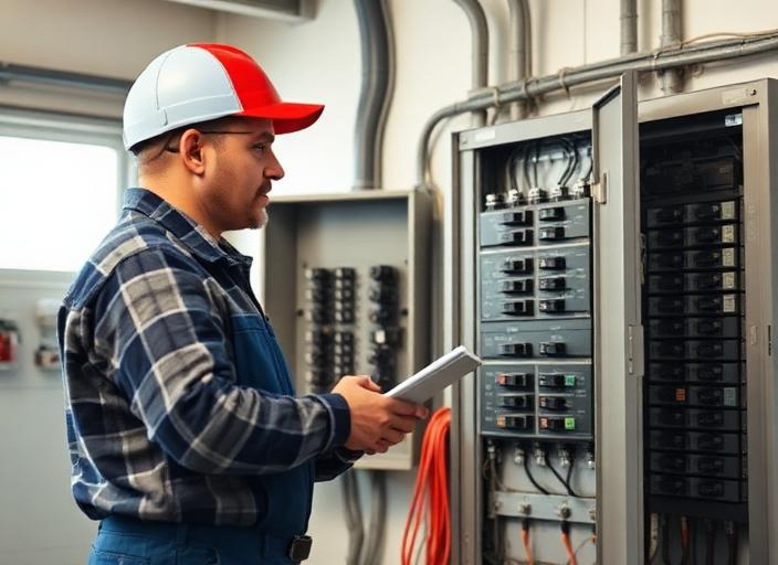 Electrician explaining electrical panel to homeowner