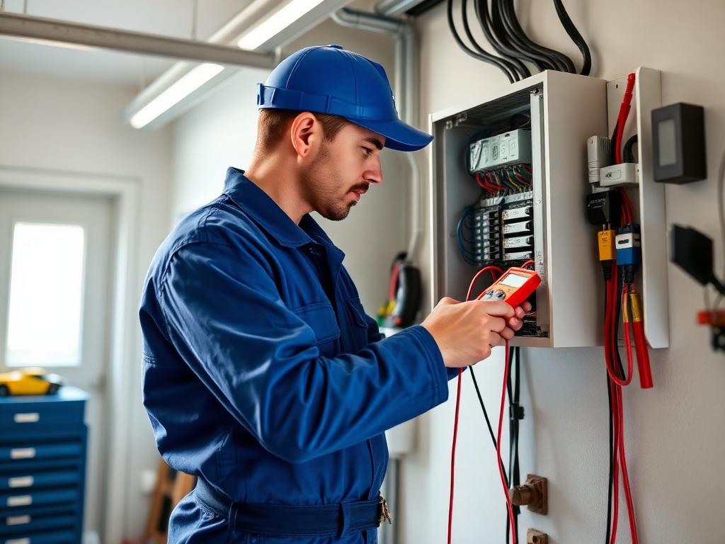 Electrician inspecting an electrical panel in a home