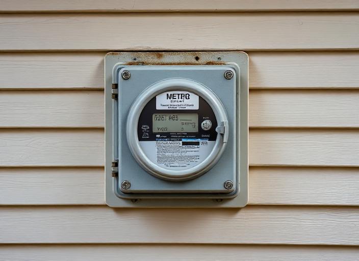 Close-up of a securely mounted electrical meter box