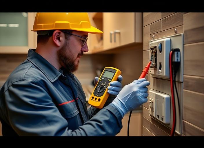 Technician testing an electrical outlet with a multimeter