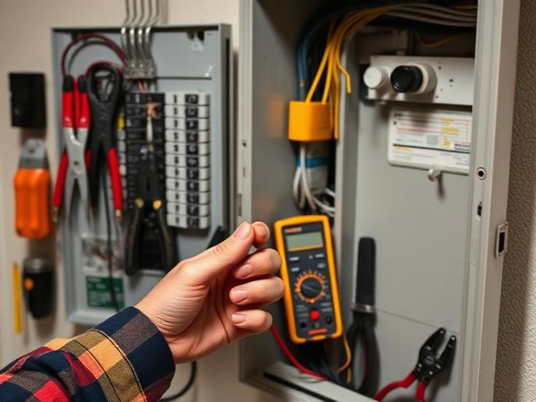 Electrician preparing tools beside an electrical panel