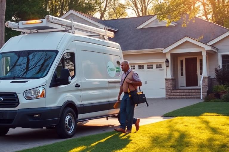 Service van parked outside a home while electrician prepares tools.