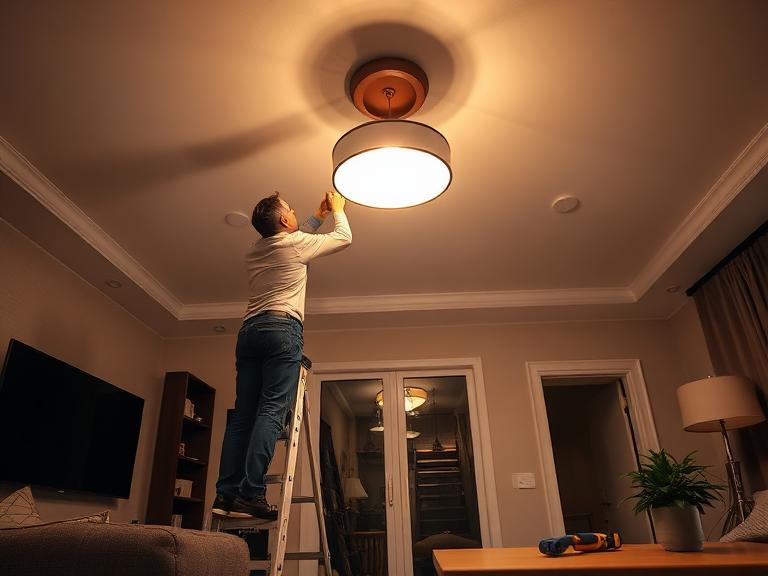 Electrician installing an indoor light fixture